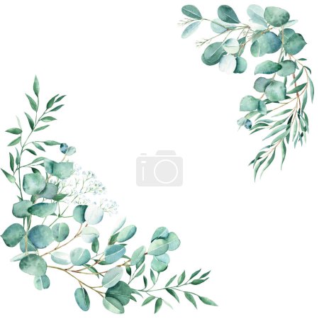 Téléchargez les photos : Bouquets de feuillage aquarelle, coins. Eucalyptus, gypsophiles et branches de pistaches. Vrai bleu, saule, dollar argenté, ensemencé. Illustration botanique dessinée à la main isolée sur fond blanc. Peut-être - en image libre de droit