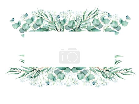 Watercolor floral horisontal frame. Eucalyptus and gypsophila branches isolated on white background. Can be used for wedding, greeting cards, baby shower, banners, blog templates, logos and cosmetic