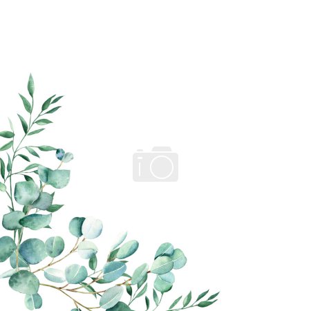 Photo for Watercolor frame, eucalyptus and pistachio branches. Rustic greenery. Hand drawn botanical illustration isolated on white background. Ideal for stationery, invitations, save the date, wedding - Royalty Free Image