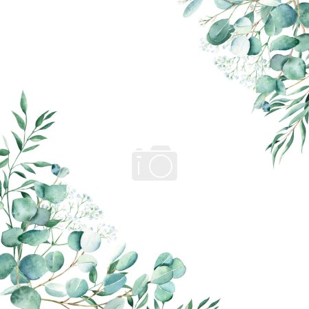 Marco de acuarela, eucalipto, gypsophila y ramas de pistacho. Verde rústico. Ilustración botánica dibujada a mano aislada sobre fondo blanco. Ideal para papelería, invitaciones, guardar la fecha