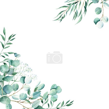 Marco de acuarela, eucalipto, gypsophila y ramas de pistacho. Verde rústico. Ilustración botánica dibujada a mano aislada sobre fondo blanco. Ideal para papelería, invitaciones, guardar la fecha