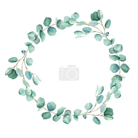 Photo for Watercolor eucalyptus round frame isolated on white background. Hand drawn botanical illustration. Ideal for stationery, wedding invitations, save the date, greeting card, logos, stickers - Royalty Free Image