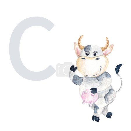 Foto de Letter C, uppercase, baby cow, cute kids colorful animal ABC alphabet. Watercolor hand drawn illustration isolated on white background. Can be used for alphabet or cards for kids learning English - Imagen libre de derechos