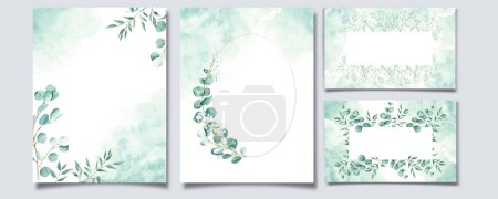 Hochzeitsvorlagen, florale Hintergrundkarten. Rustikaler Hochzeitspapier mit weißen cremigen Rosen, Pistazienblättern, grünen Aquarellspritzern und goldenem quadratischen Rahmen. Für Einladung, speichern Sie das Datum