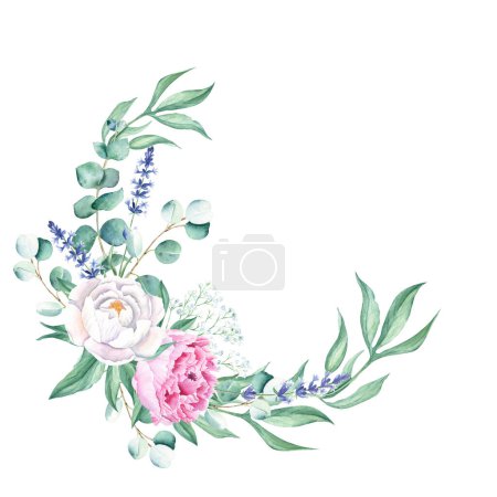 Watercolor peonies, eucalyptus, lavender and gypsophila branches wreath isolated on white background. Hand drawn botanical illustration. For wedding invitations, save the date, greeting card, logos