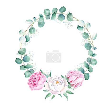 Watercolor peonies, eucalyptus and gypsophila branches wreath, round frame isolated on white background. Hand drawn botanical illustration. For wedding invitations, save the date, greeting card, logos