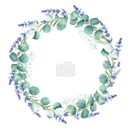 Photo for Watercolor eucalyptus and lavender branches wreath, round frame isolated on white background. Hand drawn botanical illustration. For wedding invitations, save the date, greeting card, logos, prints - Royalty Free Image