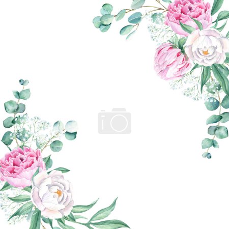 Watercolor frame, pink and white peonies, eucalyptus and gypsophila branches. Hand drawn botanical illustration isolated on white background. Ideal for stationery, invitations, save the date, wedding