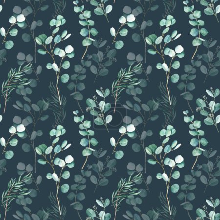 Seamless watercolor pattern with eucalyptus branches on dark blue background. Can be used for gift wrapping paper, kitchen textile and fabric prints