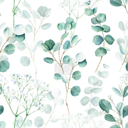 Seamless watercolor pattern with eucalyptus and gypsophila branches on white background. Can be used for wedding prints, gift wrapping paper, kitchen textile and fabric prints