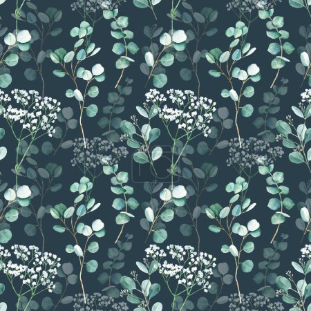 Nahtloses Aquarellmuster mit Eukalyptus- und Zigeunerzweigen auf dunkelblauem Hintergrund. Kann für Hochzeitsdrucke, Geschenkpapier, Küchentextilien und Stoffdrucke verwendet werden
