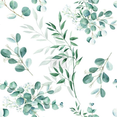 Nahtloses Aquarellmuster mit Eukalyptus-, Gipsophila- und Pistazienzweigen auf weißem Hintergrund. Kann für Hochzeitsdrucke, Geschenkpapier, Küchentextilien und Stoffdrucke verwendet werden