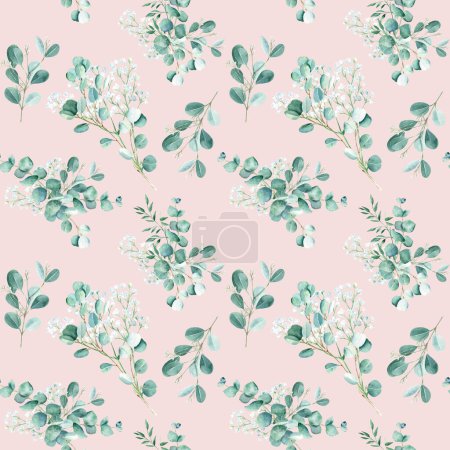 Photo for Seamless watercolor pattern with eucalyptus, gypsophila and pistachio branches on pink background. Can be used for wedding prints, gift wrapping paper, kitchen textile and fabric prints - Royalty Free Image