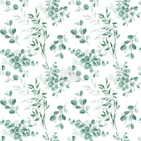 Seamless watercolor pattern with eucalyptus, gypsophila and pistachio branches on white background. Can be used for wedding prints, gift wrapping paper, kitchen textile and fabric prints