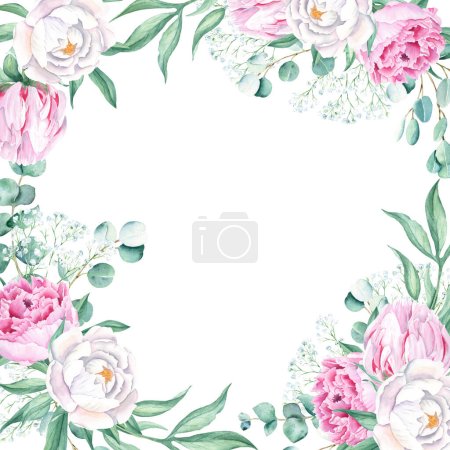 Watercolor square frame, pink and white peonies, eucalyptus and gypsophila branches. Hand drawn botanical illustration isolated on white background. Ideal for stationery, invitations, save the date