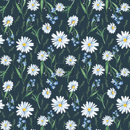 Photo for Seamless watercolor pattern with wildflowers, forget-me-not, camomile on black background. Can be used for fabric prints, gift wrapping paper, kitchen textile - Royalty Free Image