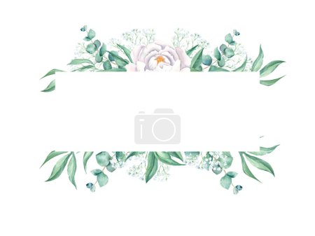 Watercolor horizontal frame, white peony, eucalyptus and gypsophila branches. Hand drawn botanical illustration isolated on white background. Can be used for wedding, greeting cards, baby shower