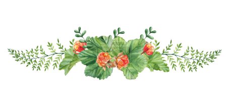 Photo for Watercolor garland summer bouquet isolated on white background. Cloudberry leaves, berries, green branches. Botanical hand drawn illustration. For greeting cards, invitations, logos. - Royalty Free Image