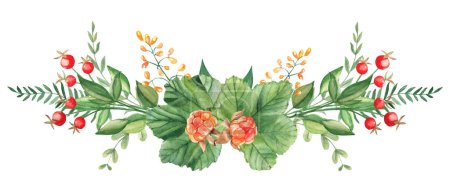 Photo for Watercolor garland summer bouquet isolated on white background. Cloudberry leaves, red berries, yellow flowers and green branches. Botanical hand drawn illustration. For greeting cards, invitations - Royalty Free Image