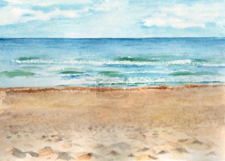 Acuarela dibujada a mano ilustración de paisaje marino y playa de arena. Clima soleado, cielo azul con nubes. Para tarjetas, carteles, diseños de estampados y decoración.