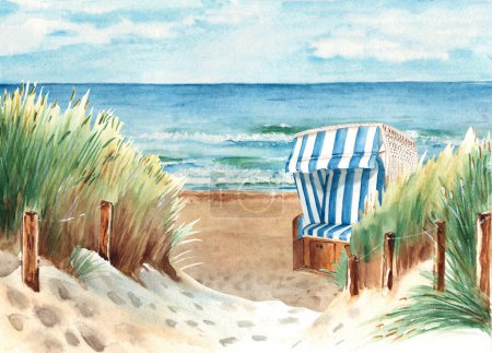 Ostseestrand mit Sanddünen und verdecktem Strandkorb. Ostsee-Panorama. Sonniges Wetter, blauer Himmel mit Wolken. Handgezeichnete Aquarellzeichnung. Für Karten, Poster, Druckdesign.