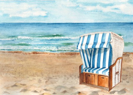 Playa del mar Báltico y silla de playa con capucha, Strandkorb. Ostsee Panorama. Clima soleado, cielo azul con nubes. Ilustración acuarela dibujada a mano. Ilustración acuarela dibujada a mano. Para tarjetas, carteles