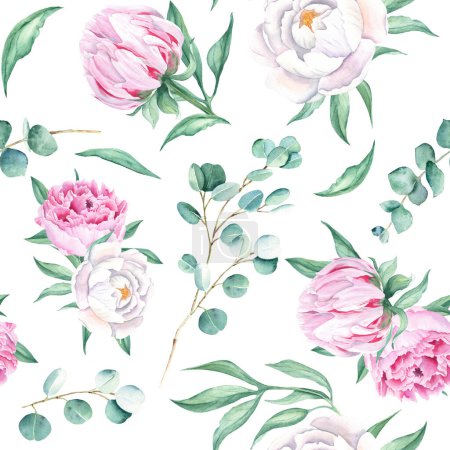 Téléchargez les photos : Motif aquarelle sans couture avec pivoines blanches et roses, branches d'eucalyptus sur fond blanc. Peut être utilisé pour les imprimés de mariage, papier d'emballage cadeau, textiles de cuisine et imprimés en tissu - en image libre de droit