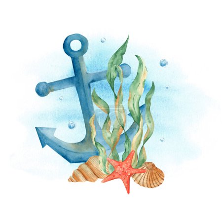 Photo for Underwater composition of seaweeds, red starfish, seashells and blue nautical anchor on watercolor splash. Watercolor marine illustration. For cards, posters, menu, marine beach design - Royalty Free Image