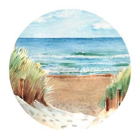 Playa del mar Báltico con dunas de arena. Ostsee Panorama. Clima soleado, cielo azul con nubes. Ilustración acuarela dibujada a mano. Para tarjetas, carteles, diseño de impresión.