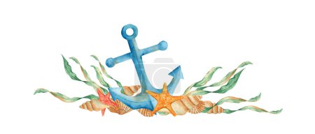Photo for Underwater garland composition of seaweeds, red starfish, seashells and blue nautical anchor. Watercolor marine illustration. For cards, menu, marine beach design - Royalty Free Image
