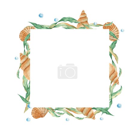 Photo for Sea square frame, seaweeds, seashells and water bubbles. Marine design. Watercolor hand drawn illustration isolated on white background. For cards, logos, marine design - Royalty Free Image