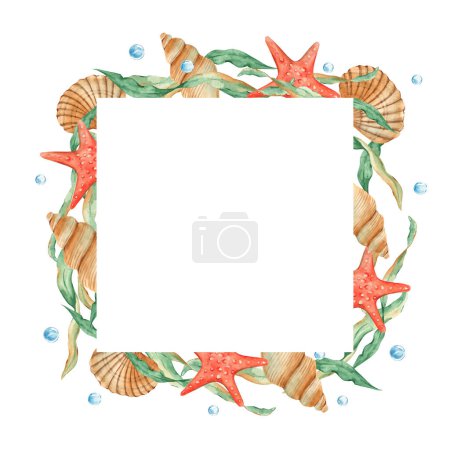 Photo for Sea square frame, seaweeds, seashells, red starfish and water bubbles. Marine design. Watercolor hand drawn illustration isolated on white background. For cards, logos, marine design - Royalty Free Image