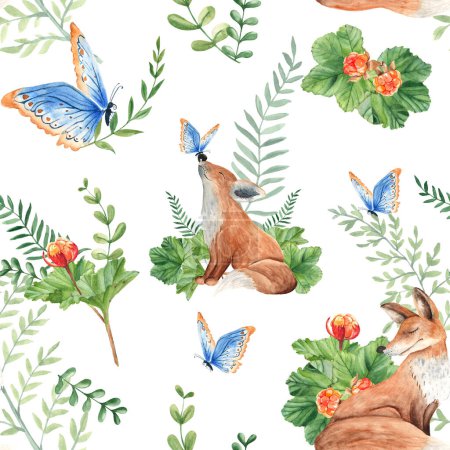 Photo for Seamless watercolor pattern with mother and baby fox, cloudberry leaves and berries, fern, green branches, blue butterfly. Botanical summer hand drawn illustration. Can be used for gift wrapping paper - Royalty Free Image