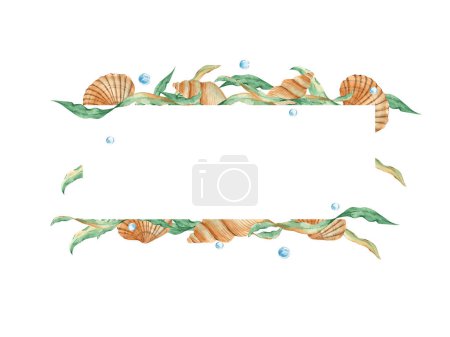 Photo for Sea horizontal frame, seashells, seaweeds and blue water bubbles. Marine design. Watercolor hand drawn illustration isolated on white background. For cards, logos, baby shower, banners, blog templates - Royalty Free Image