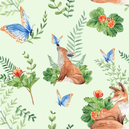 Photo for Seamless watercolor pattern with mother and baby fox, cloudberry leaves and berries, fern, green branches, blue butterfly on green background. Botanical summer hand drawn illustration. Can be used for - Royalty Free Image