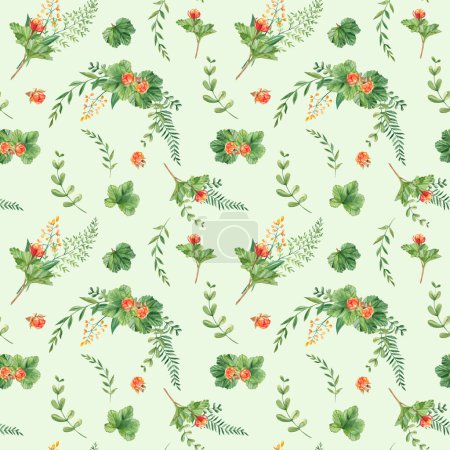 Photo for Seamless watercolor pattern with cloudberry leaves and berries, fern, green branches, yellow wildflowers. Botanical summer hand drawn illustration. Can be used for gift wrapping paper, kitchen textile - Royalty Free Image