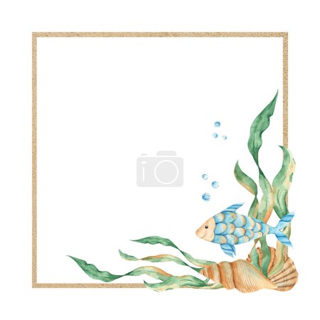 Photo for Marine square frame, sand texture with cute fish, seaweeds, red starfish, seashells and water bubbles. Underwater world. Watercolor hand drawn illustration for children. For cards, logos, marine - Royalty Free Image
