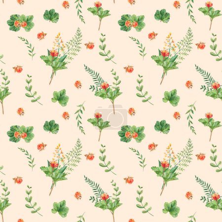 Photo for Seamless watercolor pattern with cloudberry leaves and berries, fern, green branches, yellow wildflowers. Botanical summer hand drawn illustration. Can be used for gift wrapping paper, kitchen textile - Royalty Free Image