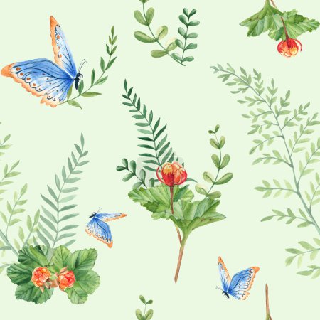 Photo for Seamless watercolor pattern with cloudberry leaves and berries, fern, green branches, blue butterfly. Botanical summer hand drawn illustration on green background. Can be used for gift wrapping paper - Royalty Free Image