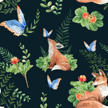 Photo for Seamless watercolor pattern with mother and baby fox, cloudberry leaves and berries, fern, green branches, blue butterfly on black background. Botanical summer hand drawn illustration. Can be used for - Royalty Free Image