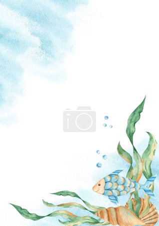 Sea card template with cute fish, seaweeds, seashells, water bubbles, blue watercolor splashes. Marine design. Hand drawn watercolor illustration. For save the date, greeting children birthday cards