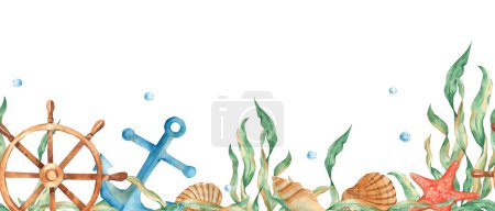 Photo for Horizontal watercolor sea, marine seamless border pattern. Nautical anchor, wooden steering wheel, red starfish, seaweeds, seashells, water bubbles. Hand drawn illustration. Can be used for fabric - Royalty Free Image