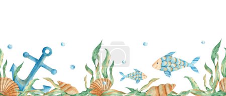 Photo for Horizontal watercolor sea, marine seamless border pattern. Nautical anchor, cute fishes, seaweeds, seashells and water bubbles. Hand drawn illustration. Can be used for fabric, packaging prints - Royalty Free Image