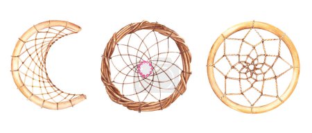 Set of dream catchers round and moon like frames. Rustic wreath twisted from dry branches and wooden ring and semi-ring or hoop with net of linen rope. Watercolor hand drawn illustration on white
