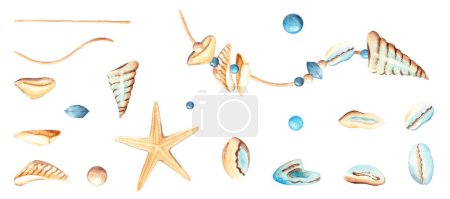 Set von Meeresschmuck, Designelemente. Seestern, kleine Muscheln und Steine, Kieselsteine und Perlen mit Schnur. Aquarell handgezeichnete Illustration auf weißem Hintergrund