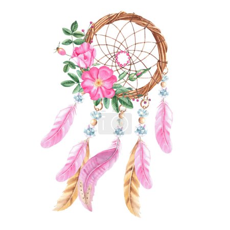 Dream catcher with beads, crystals, dog rose flowers and pink and beige feathers. Watercolor hand drawn illustration on a white background. Bohemian decoration, chic design. American culture mystery