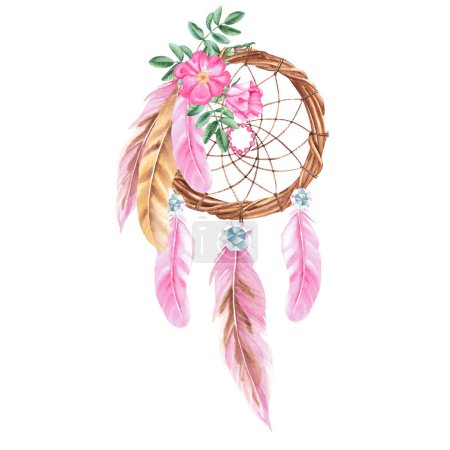 Dream catcher with dog rose flowers, crystals and pink feathers. Watercolor hand drawn illustration on a white background. Bohemian decoration, chic design. American culture mystery ethnic tribal