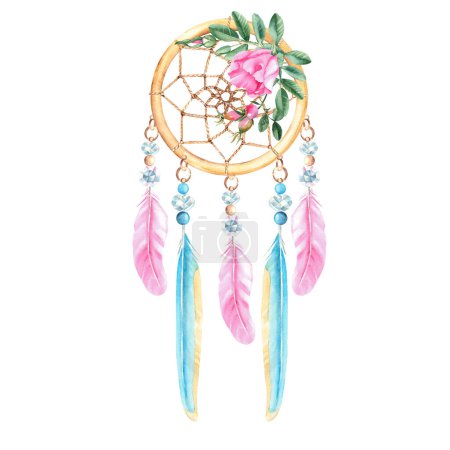 Dream catcher with beads, crystals, dog rose flowers and pink and blue feathers. Watercolor hand drawn illustration on a white background. Bohemian decoration, chic design. American culture mystery