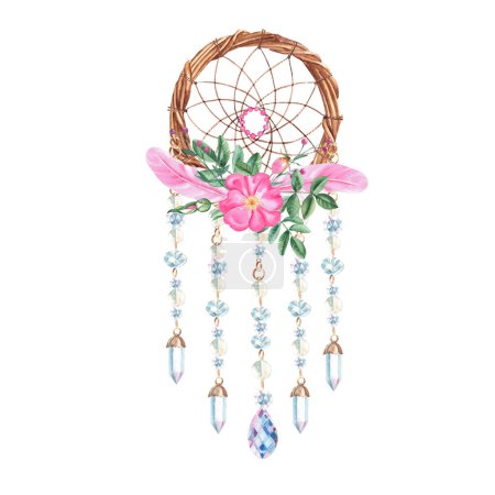 Dream catcher with glass beads and crystals, dog rose flowers and pink feathers. Watercolor hand drawn illustration on a white background. Bohemian decoration. American culture mystery ethnic tribal