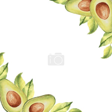 Quadratischer Rahmen aus Avocado, Rand. Eckkompositionen mit Avocadohälften und Blättern. Botanische pflanzliche handgezeichnete Aquarell-Illustration isoliert auf weißem Hintergrund. Kann für Karten, Logos verwendet werden